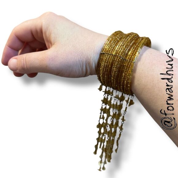 Statement Cuff Necklace & Bracelet Set – Gold Tone Beaded Fringe - Picture 5 of 11